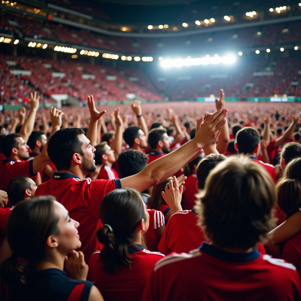 Fans wearing team jerseys cheering in a stadium