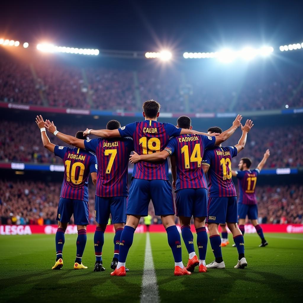 Các cầu thủ Barca 2017 ăn mừng bàn thắng