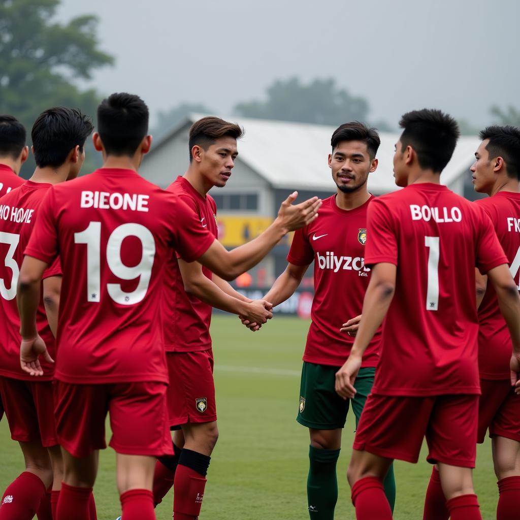 Các cầu thủ CLB Hà Nội và đội bạn bắt tay fair-play sau trận đấu.