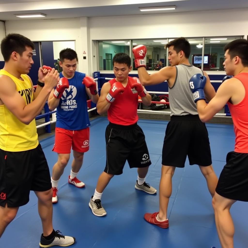 Các học viên boxing tập luyện cùng nhau tại CLB TDTT Nguyễn Bỉnh Khiêm