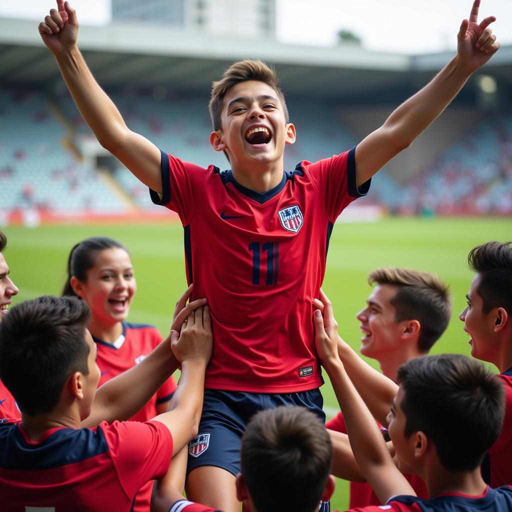 Young football player celebrating victory with international teammates