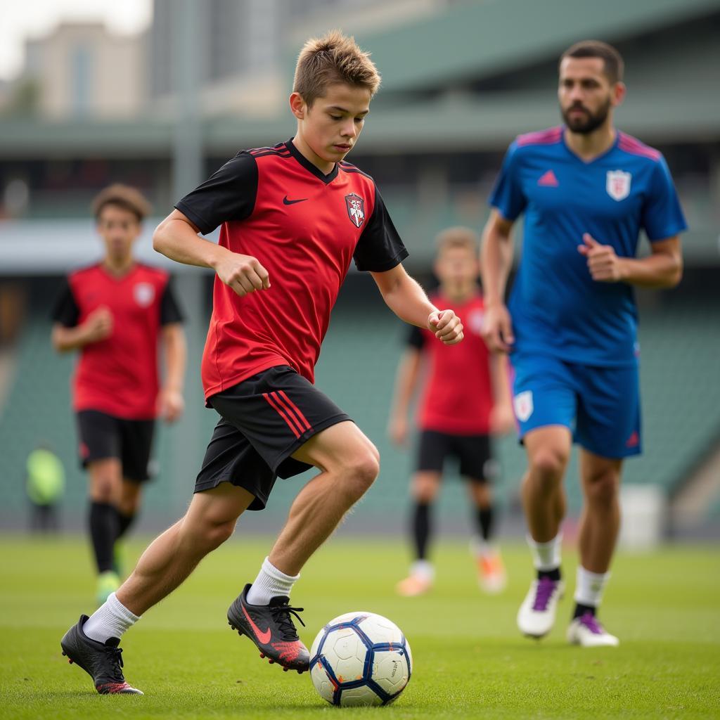 Young footballer training with international peers