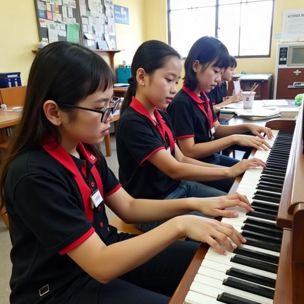 Học sinh tập luyện piano trong CLB Âm nhạc trường Phan Đình Phùng