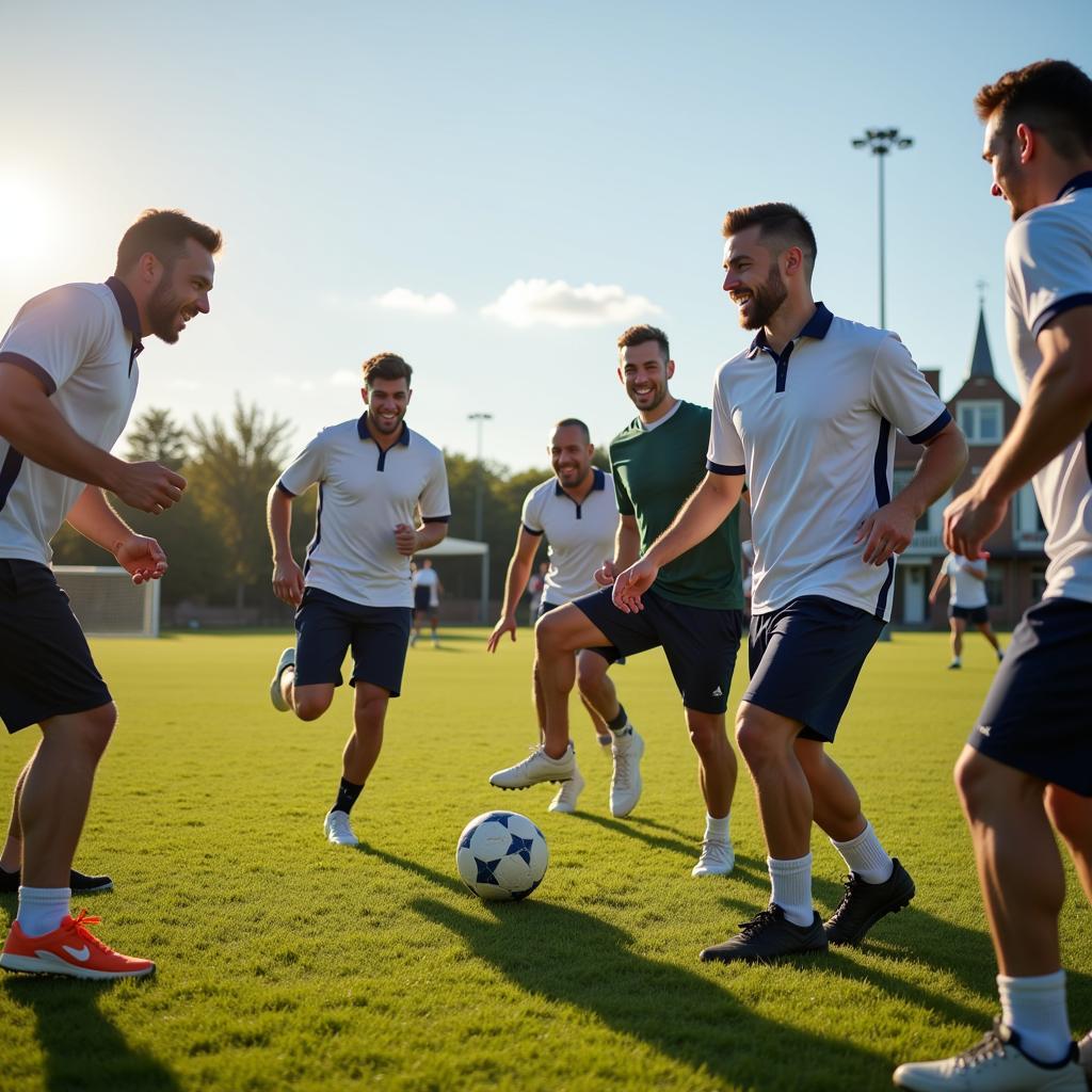 Business club members playing football together