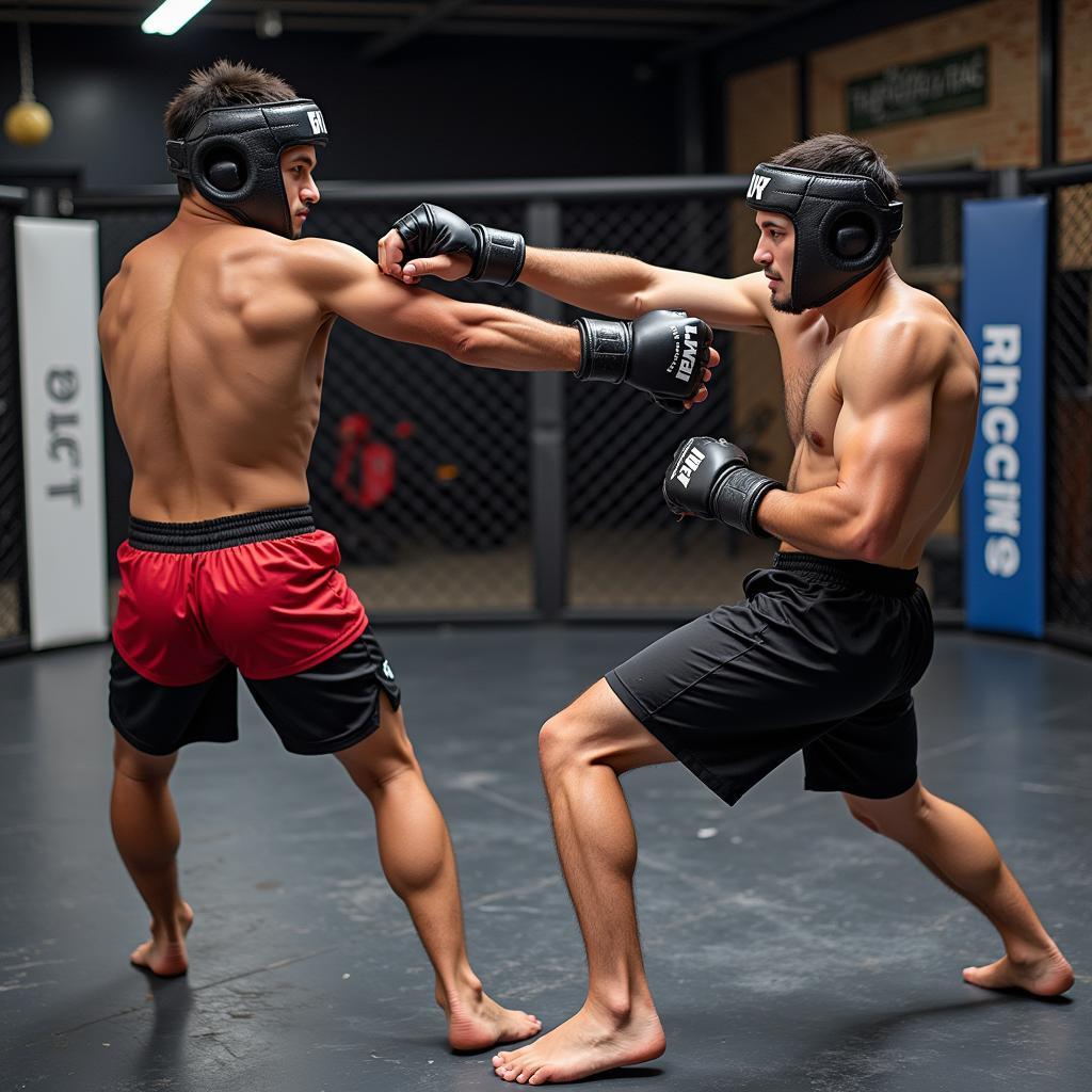 Học viên CLB MMA Saigon thực hành sparring.