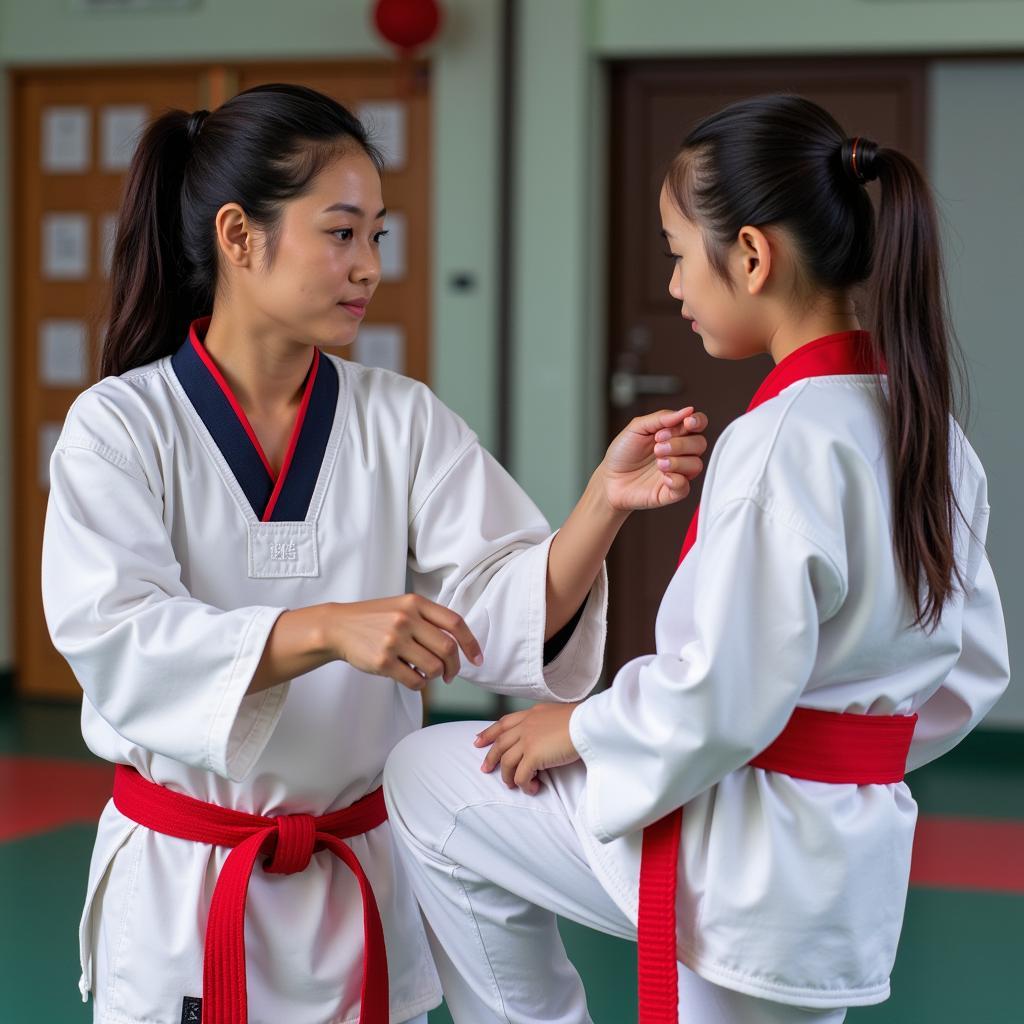 Huấn luyện viên Taekwondo đang hướng dẫn học viên tại Bình Dương