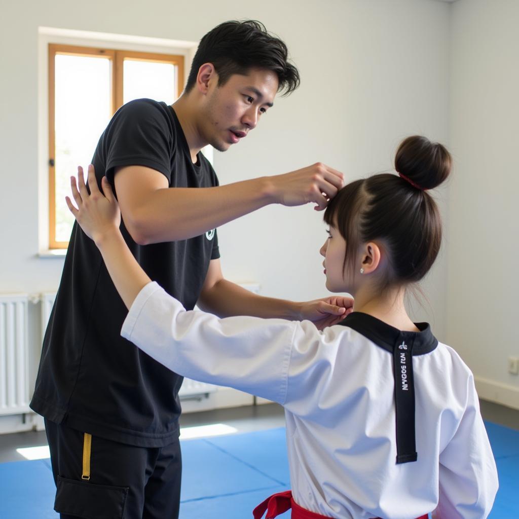 Huấn luyện viên CLB Taekwondo Xuân Hưng Xuân Lộc hướng dẫn học viên