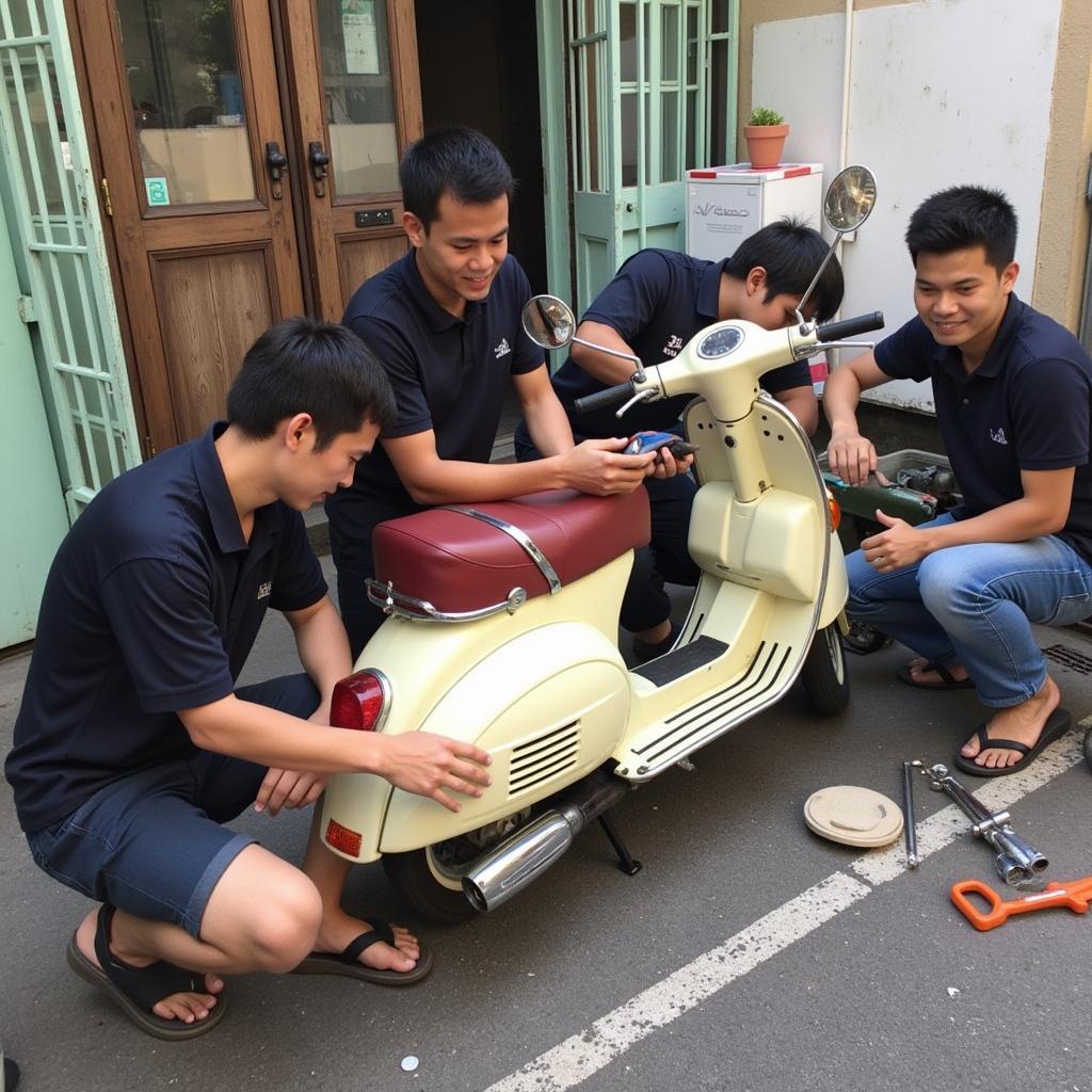 Thành viên CLB Vespa cổ TPHCM sửa chữa Vespa