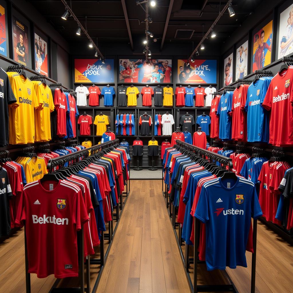 A display of soccer jerseys in a well-lit and organized store