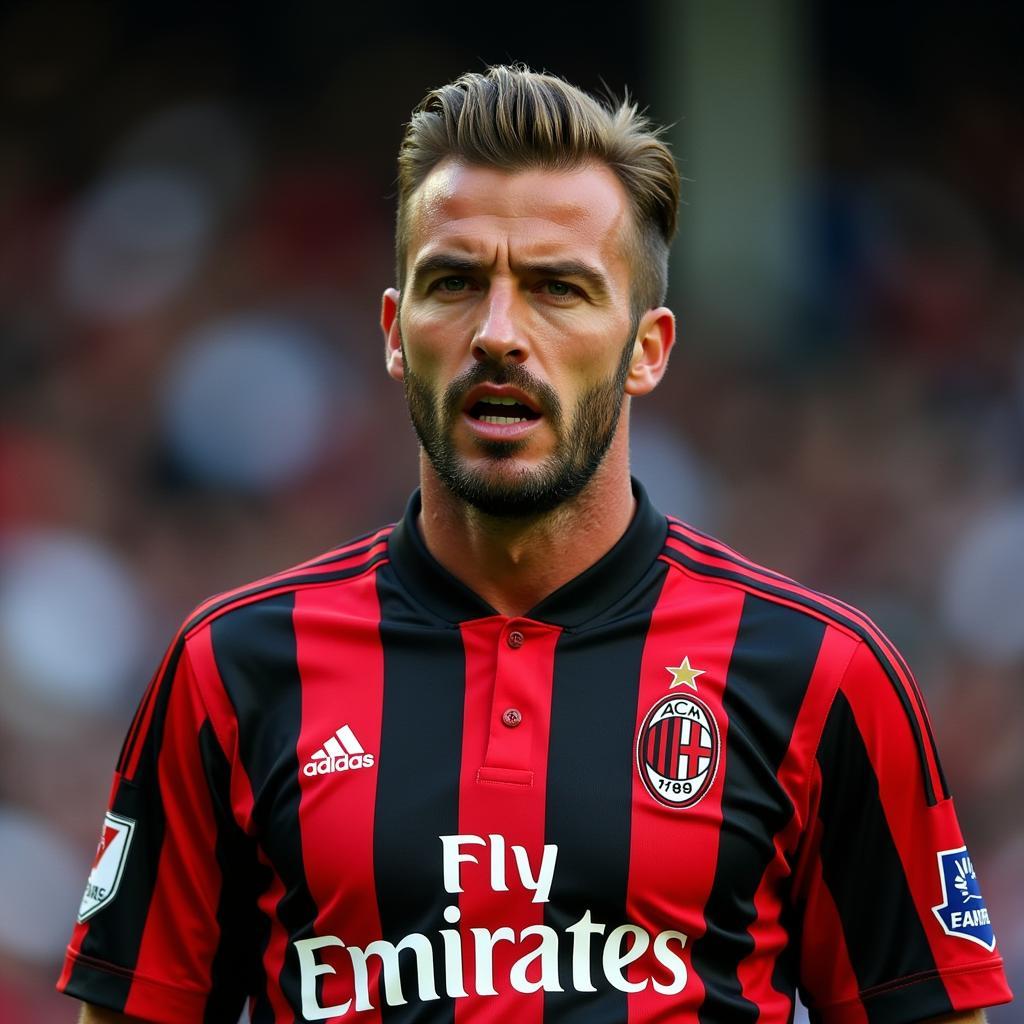 David Beckham trong màu áo sọc đỏ đen của AC Milan