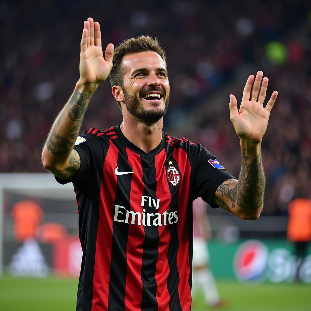 David Beckham vẫy tay chào cổ động viên AC Milan sau trận đấu