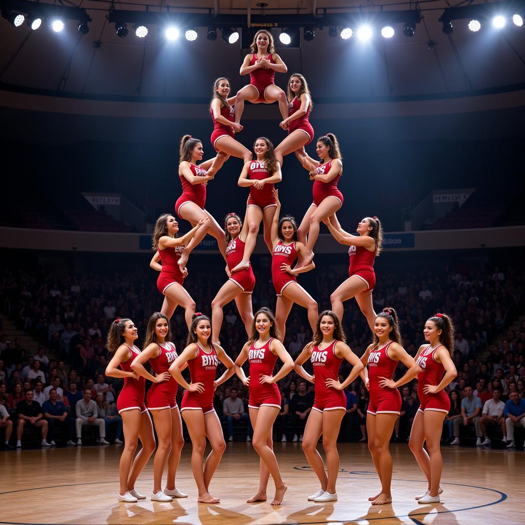 Đội hình cheerleading biểu diễn với đội hình tháp người hoành tráng và đồng đều.