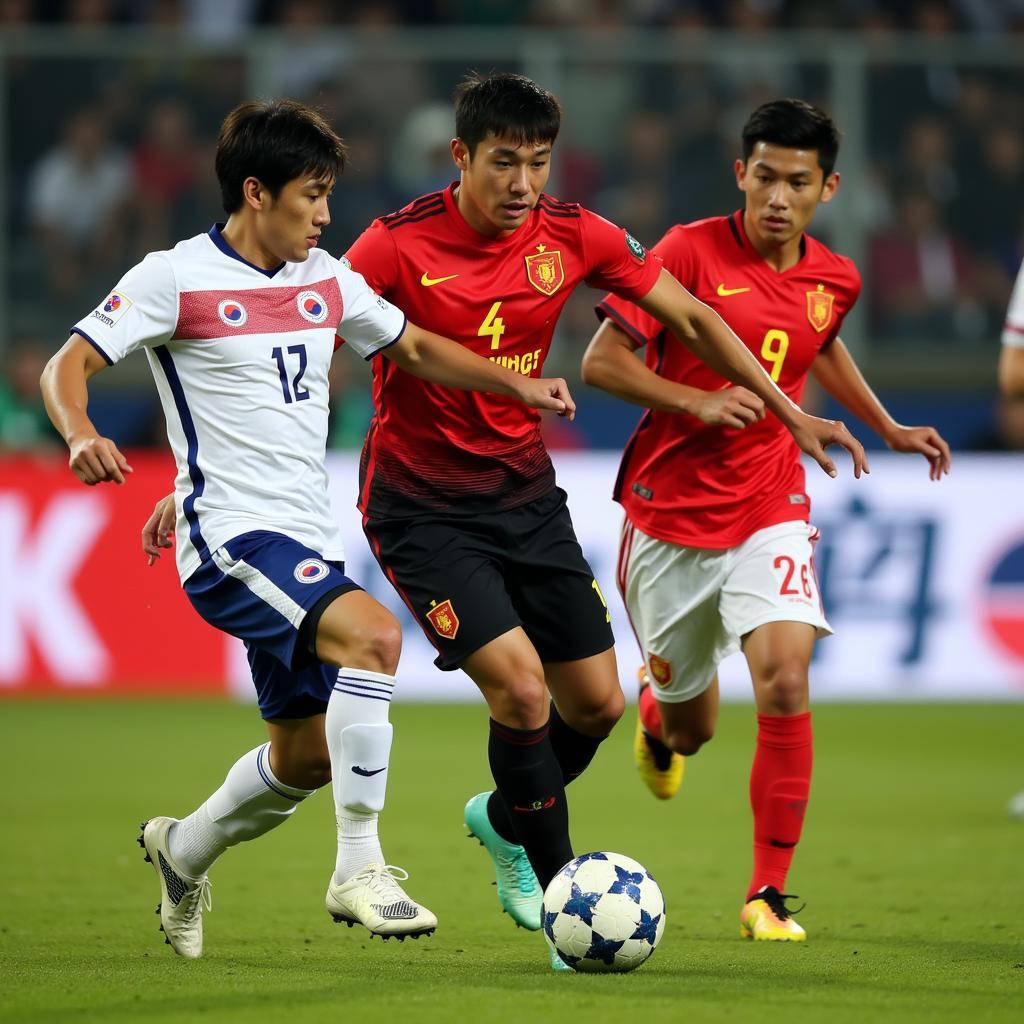 Football players from Japan, South Korea, and China competing intensely for the ball