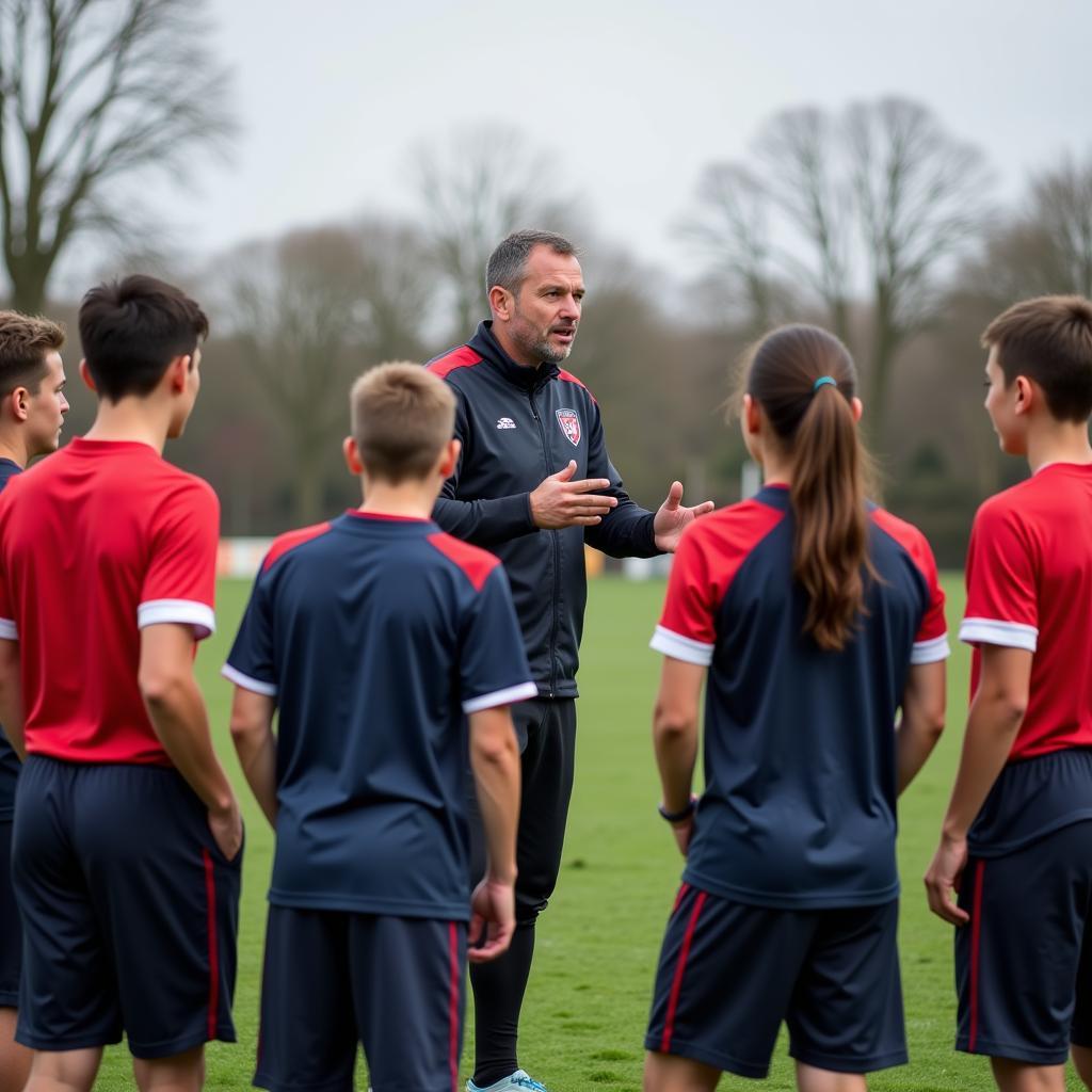 Coach guiding players at training