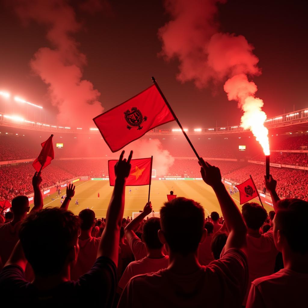 Hanoi Club fans celebrating a goal with flares and banners