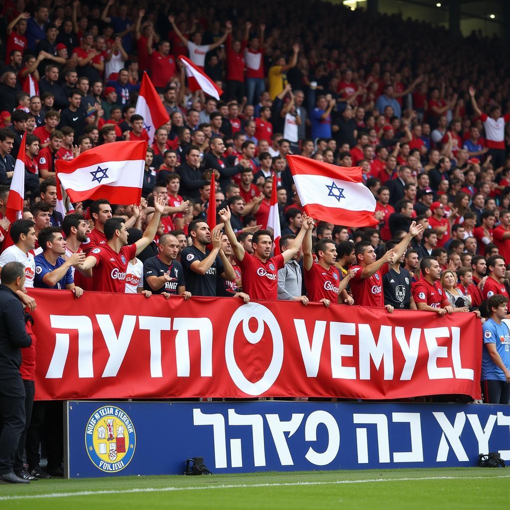 Cổ động viên Hapoel Tel Aviv với biểu ngữ đầy màu sắc trên khán đài