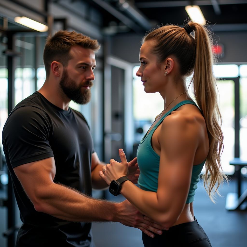 Personal trainer guiding a woman in the gym