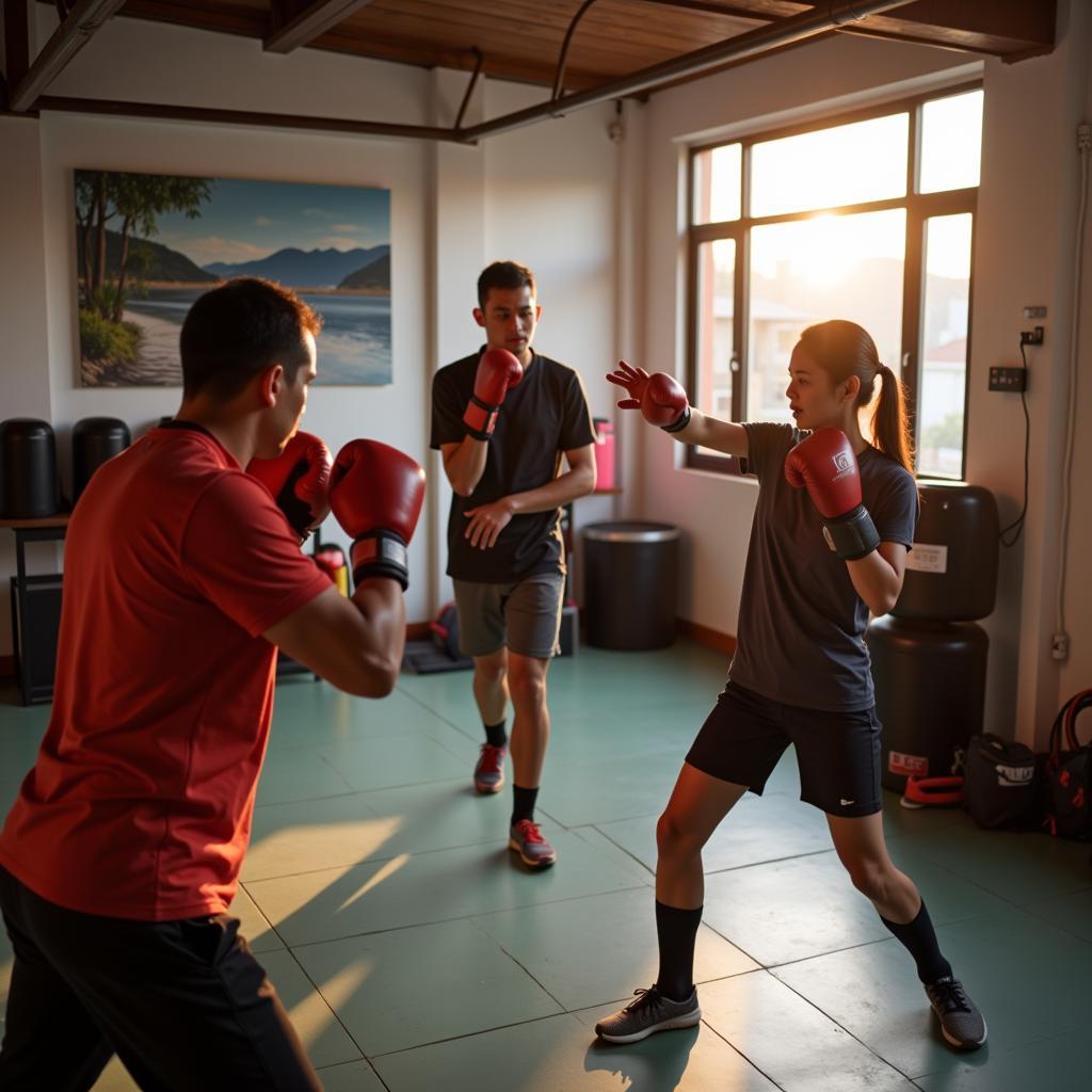 Hình ảnh người tập boxing buổi sáng tại Phan Đăng Lưu để nâng cao sức khoẻ