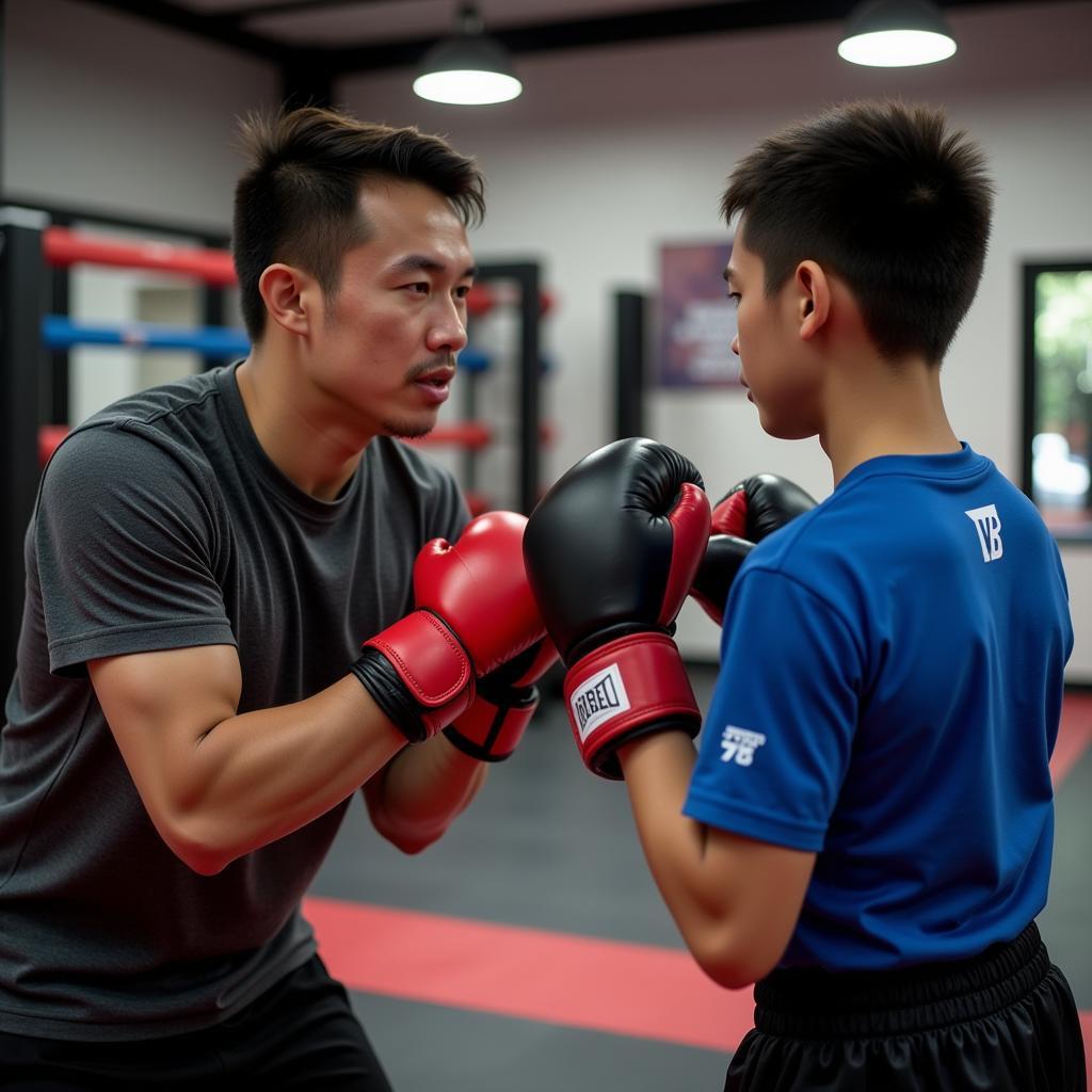 Huấn luyện viên CLB Boxing Linh Đàm hướng dẫn học viên tập luyện