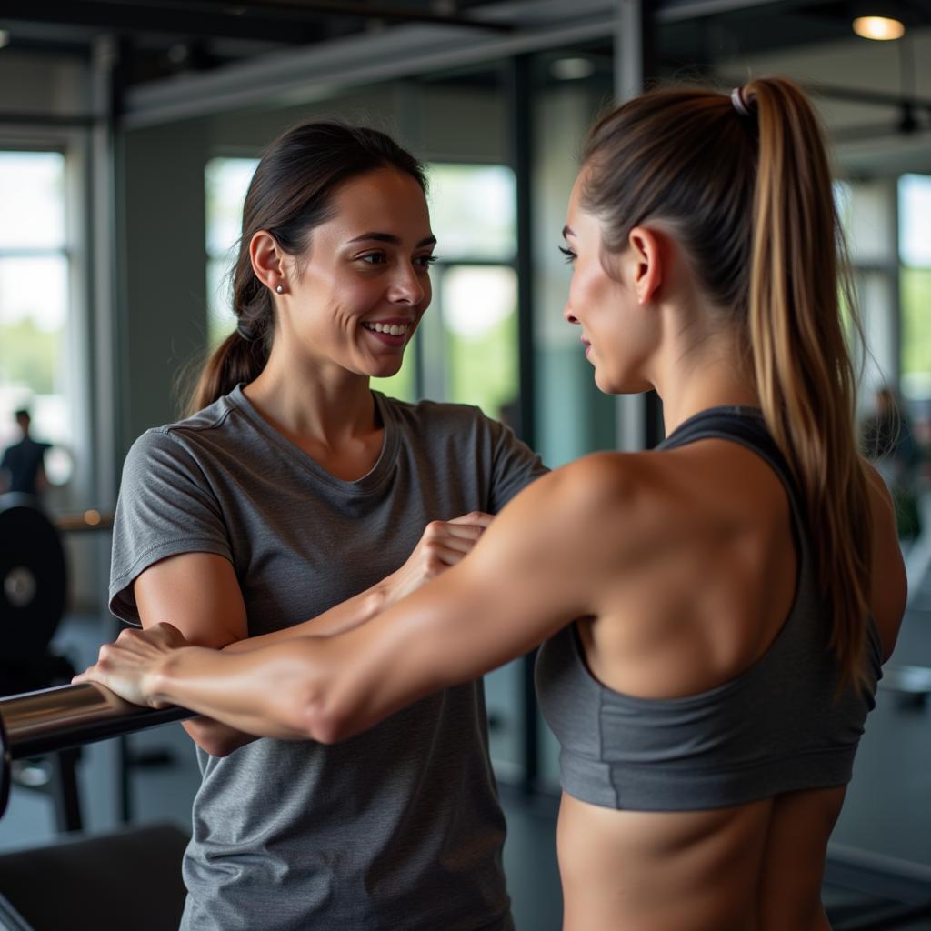 Personal trainer guiding a member at CLB Thể Hình Hòa