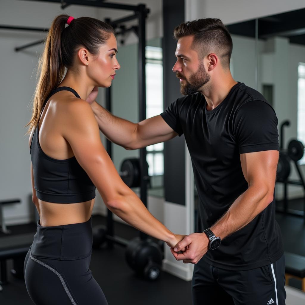 Personal trainer guiding a client at the gym