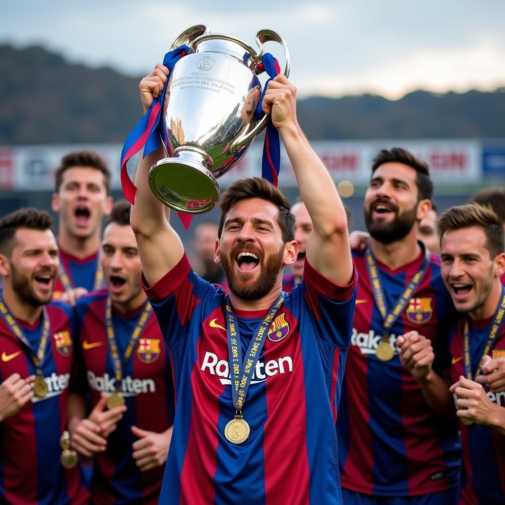 Lionel Messi nâng cao chiếc cup Champions League