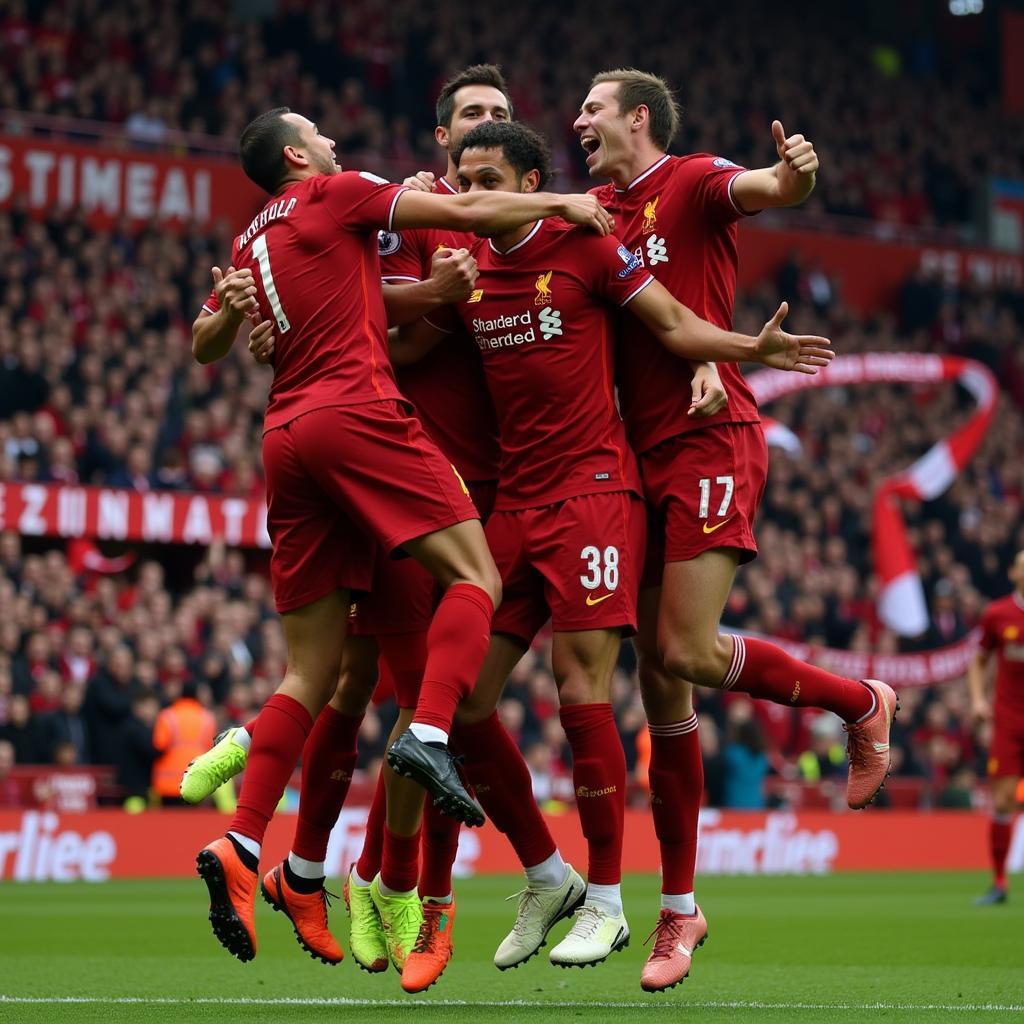 Các cầu thủ Liverpool ăn mừng bàn thắng với sự phấn khích tột độ trước sự chứng kiến của hàng vạn khán giả trên sân Anfield.