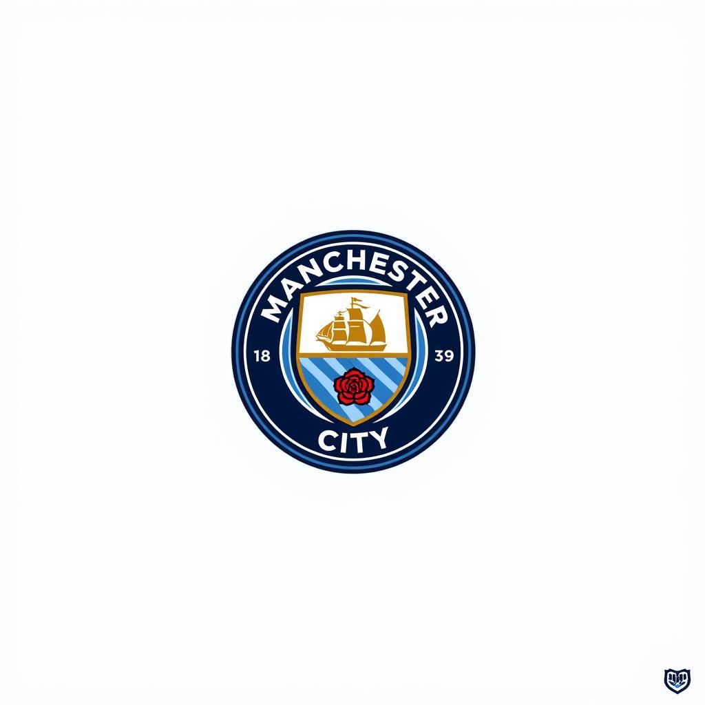 Logo hiện tại của Man City: khiên tròn với con tàu, ba dòng sông và hoa hồng đỏ, thể hiện sự kết hợp giữa hiện đại và truyền thống.