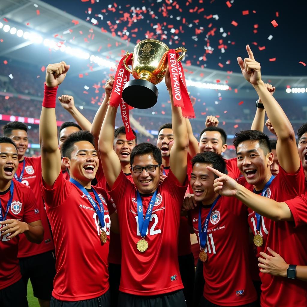 Các cầu thủ Muangthong United ăn mừng chức vô địch Thai League