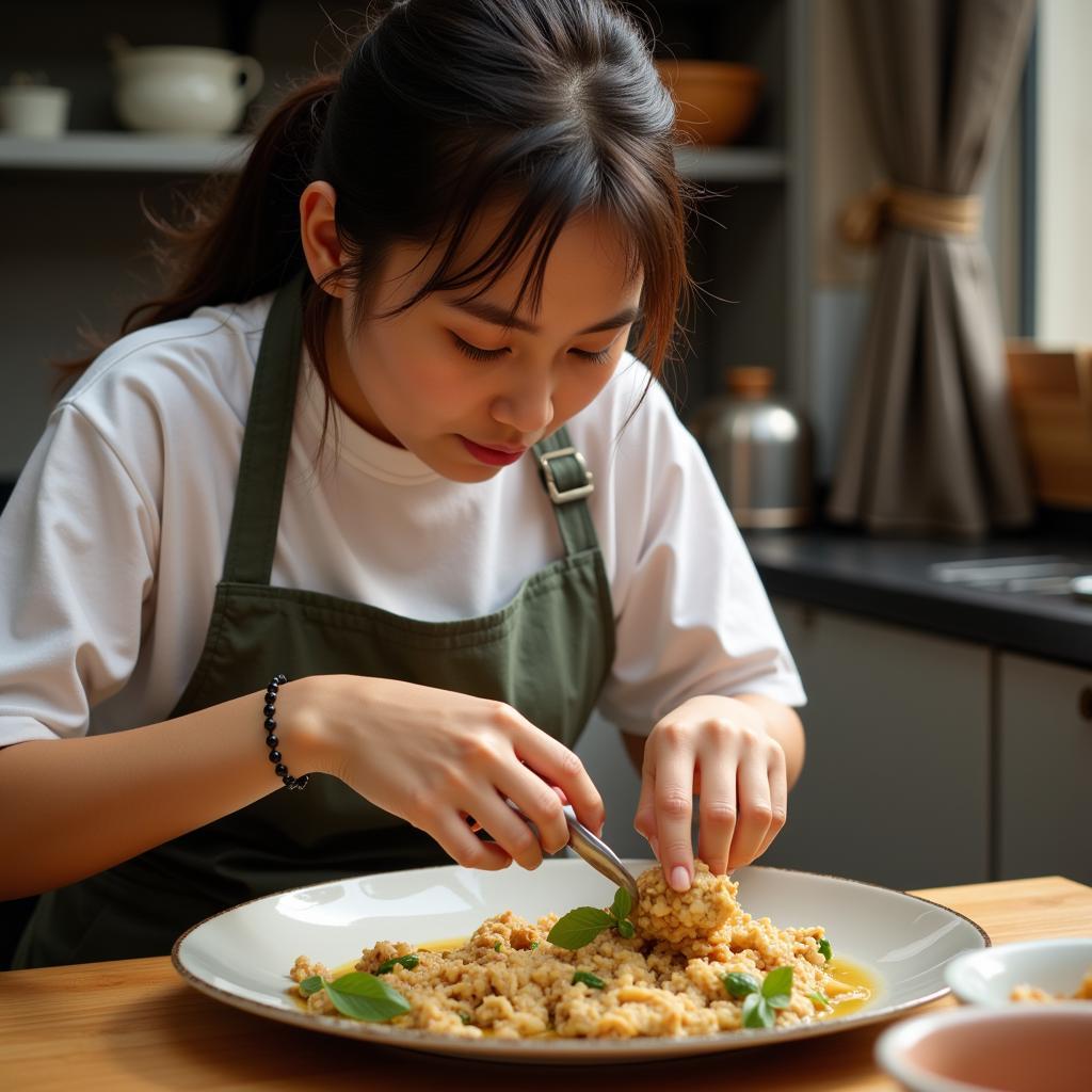 Cô gái trẻ đang say sưa học làm món ăn mới tại CLB Bếp Sài Gòn