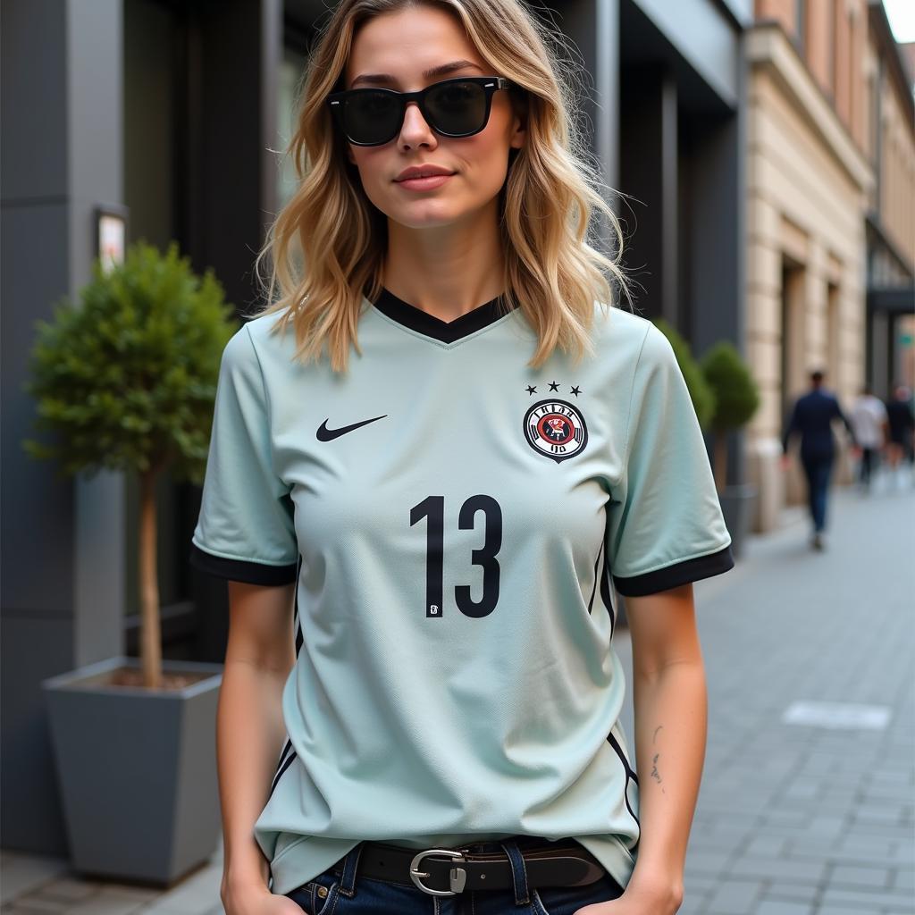 A person posing stylishly in a soccer jersey, showcasing it as a fashion statement