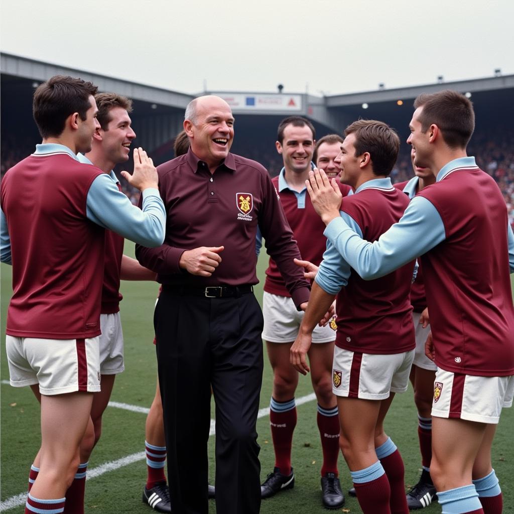 Ron Greenwood ăn mừng cùng các cầu thủ West Ham