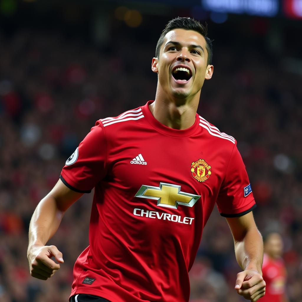 Ronaldo ăn mừng bàn thắng trong màu áo Manchester United