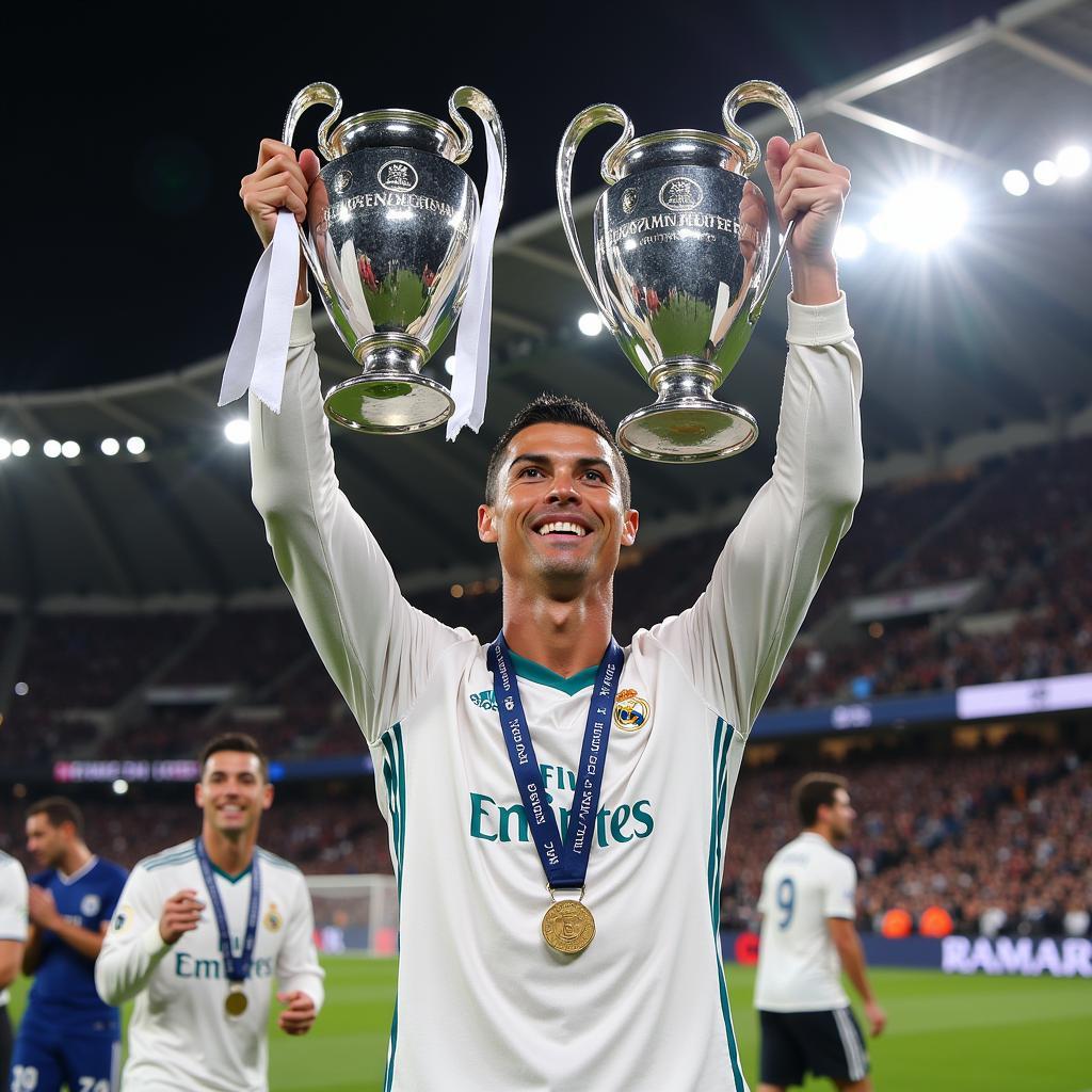 Ronaldo giơ cao chiếc cúp Champions League cùng Real Madrid