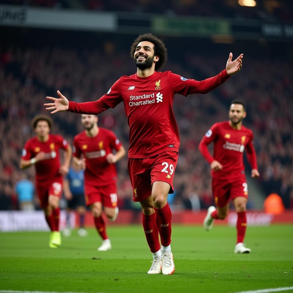 Mohamed Salah ăn mừng bàn thắng trong màu áo Liverpool