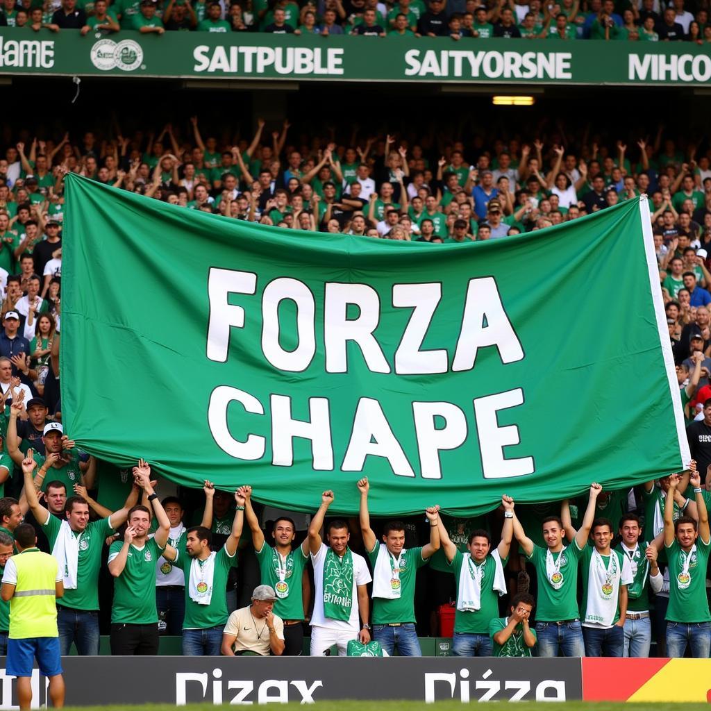 Cổ động viên giơ cao biểu ngữ "Forza Chape" trên khán đài