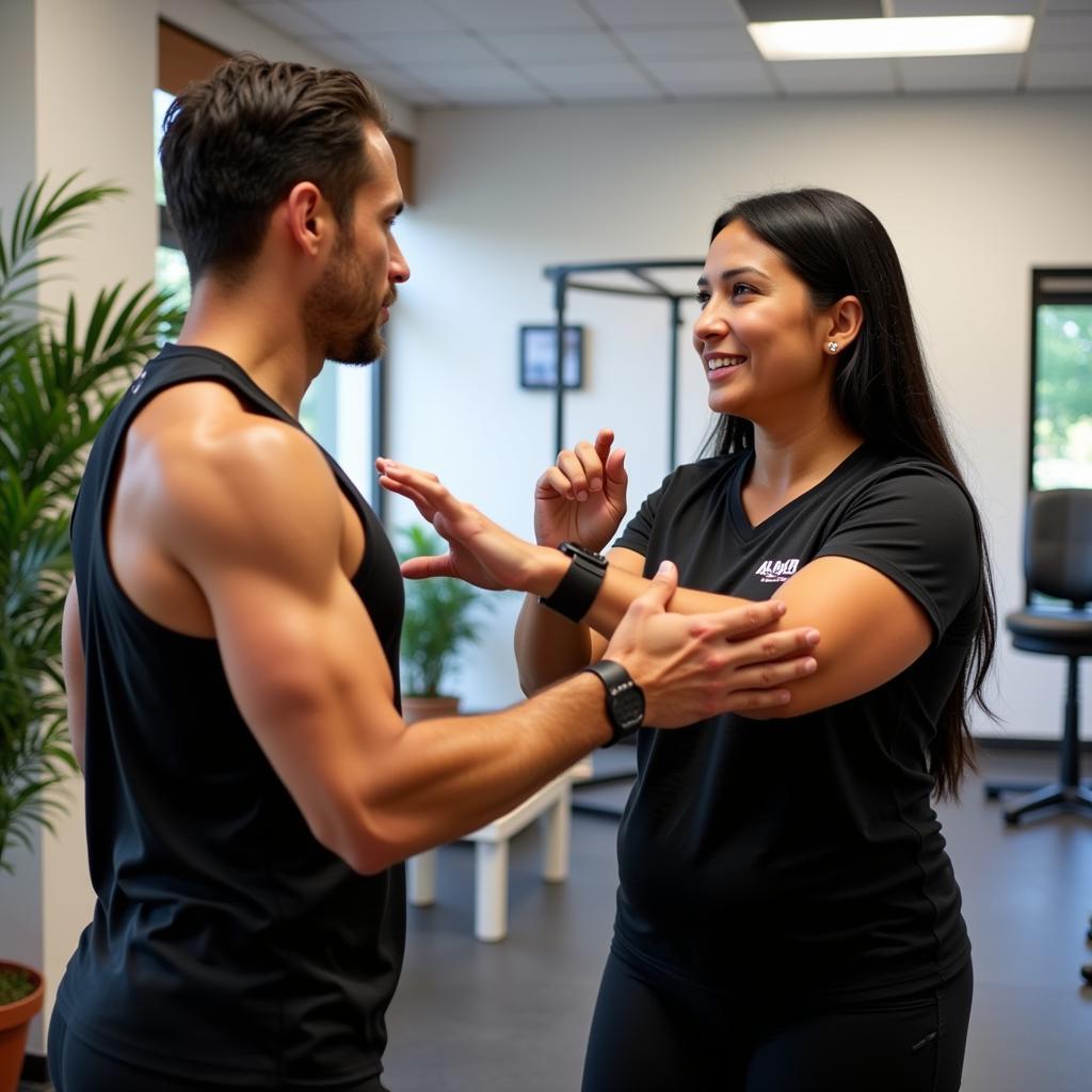 Experienced personal trainer guiding a client