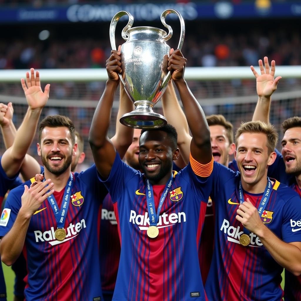 Yaya Toure ăn mừng chức vô địch Champions League cùng Barcelona